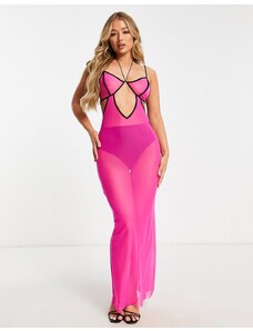 ASOS DESIGN - Vestito da mare lungo rosa in rete con cut-out e profili a contrasto