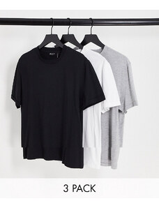 ASOS DESIGN - Confezione da 3 T-shirt girocollo con maniche arrotolate nera, bianca e grigio mélange-Multicolore