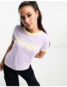Wrangler - T-shirt con bordi a contrasto e logo viola pastello