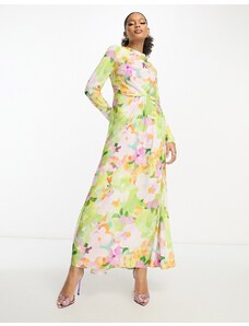 ASOS DESIGN - Vestito lungo in raso a fiori vivaci con arricciatura e scollo ad anello-Multicolore