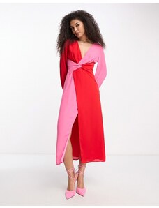 Pretty Lavish - Vestito al polpaccio rosa e rosso con nodo sul davanti a contrasto