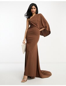 ASOS DESIGN - Vestito lungo monospalla premium drappeggiato con strascico marrone cioccolato-Multicolore