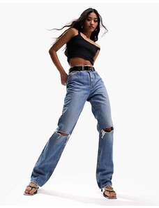 ASOS DESIGN - Jeans dritti anni '90 blu medio con strappi sulle ginocchia