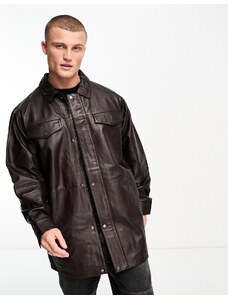 ASOS DESIGN - Camicia giacca oversize in vera pelle marrone scuro-Brown
