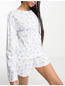 ASOS DESIGN - Mix & Match - T-shirt del pigiama a maniche lunghe bianca a fiorellini-Bianco