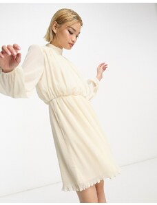 Selected Femme - Vestito corto accollato color crema plissé-Bianco