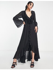 ASOS DESIGN - Vestito midi con scollo profondo con corsetto e volant nero