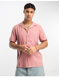 New Look - Camicia a maniche corte con rever in misto lino rosa