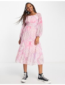 Miss Selfridge - Vestito midi in chiffon rosa patchwork con vita arricciata
