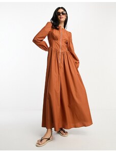 ASOS DESIGN - Vestito lungo in cotone color tabacco con vita scesa e zip-Brown
