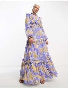 ASOS DESIGN - Vestito lungo lilla a fiori decorato con finiture in pizzo e maniche a campana-Multicolore