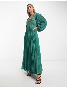 ASOS DESIGN - Vestito lungo con scollo squadrato a pieghe in plumetis ricamato verde scuro