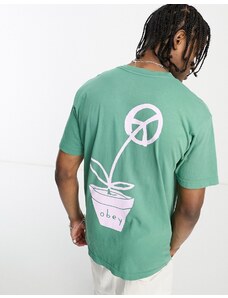 Obey - T-shirt verde con stampa fiore della pace
