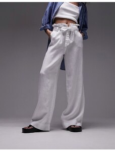 Topshop - Pantaloni in lino bianco a vita alta e a fondo ampio