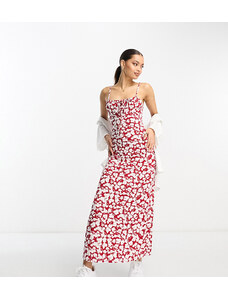 ASOS Petite ASOS DESIGN Petite - Vestito midi rosso e bianco a fiori con bustino arricciato e spalline sottili-Multicolore