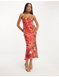 ASOS DESIGN - Vestito midi con stampa astratta a fiori e bustino stile corsetto con taglio sbieco-Multicolore