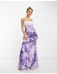ASOS DESIGN - Vestito lungo in misto raso con cut-out in vita e spalline sottili incrociate color viola a fiori-Multicolore
