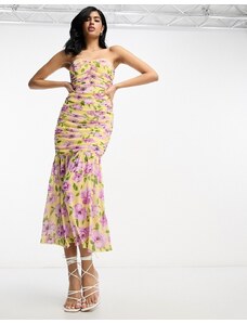 ASOS DESIGN - Vestito midi fasciante arricciato a rete a fiori con fondo svasato-Multicolore