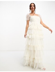 Anaya - Vestito lungo da sposa color avorio a balze con maniche a sbuffo-Bianco