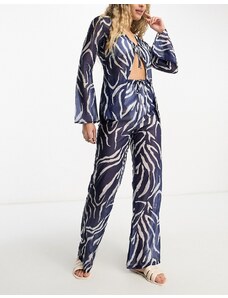 4th & Reckless - Pantaloni a fondo ampio con davanti trasparente e stampa zebrata blu navy in coordinato-Multicolore