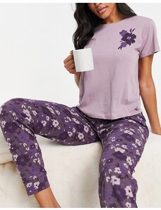 Brave Soul - Pigiama viola scuro con stampa floreale vintage con maglietta e pantaloni con polsino