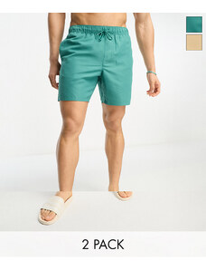 ASOS DESIGN - Confezione risparmio da 2 pantaloncini da bagno lunghezza media beige/verde-azzurro-Multicolore