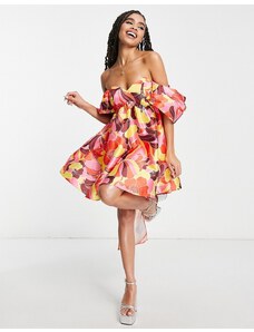 ASOS LUXE - Vestito corto stile babydoll con spalle scoperte e stampa a fiori vivaci-Multicolore