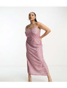 Pieces Plus Pieces Curve Premium - Vestito lungo con spalline sottili e spacco rosa glitterato