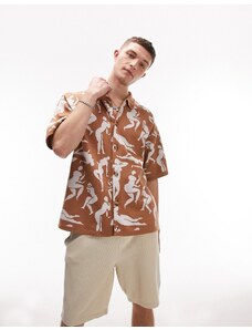 Topman - Camicia in maglia marrone con bottoni e motivo stampato-Multicolore