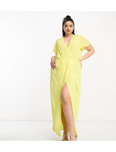 TFNC Plus - Vestito lungo da damigella avvolgente in chiffon giallo limone con maniche con volant