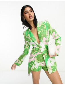 ASOS DESIGN - Blazer da abito slim in lino con stampa rétro a fiori e lacci sul retro-Verde