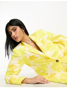 ASOS DESIGN - Blazer da abito slim oversize in misto lino giallo con stampa a fiori