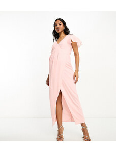 TFNC Maternity - Vestito lungo da damigella a portafoglio in chiffon con maniche con volant rosa