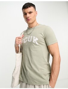 French Connection FCUK - T-shirt verde salvia con logo bianco stile college