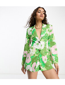 ASOS Petite ASOS DESIGN Petite - Blazer da abito slim in lino con stampa rétro a fiori e lacci sul retro-Verde