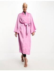 Trendyol - Vestito con maniche ampie in raso rosa acceso allacciato in vita