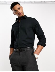 ASOS DESIGN - Camicia in popeline nera facile da stirare vestibilità classica-Nero