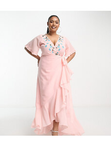 Maya Plus - Vestito avvolgente con gonna al polpaccio rosa tenue con ricami