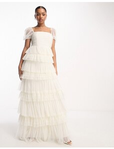 Anaya - Vestito lungo da sposa in tulle color avorio con volant-Bianco