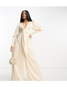 Esclusiva Collective the Label - Tuta jumpsuit a fondo ampio color ostrica con scollo profondo-Bianco
