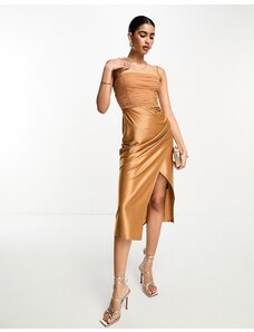 ASOS DESIGN - Vestito midi in rete arricciata e raso drappeggiato color oro