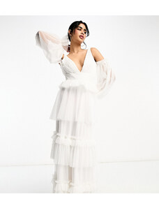 Esclusiva Lace & Beads - Vestito lungo a balze color avorio a maniche lunghe-Bianco