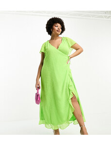 ASOS Curve ASOS DESIGN Curve - Vestito lungo a portafoglio in plumetis color lime acceso con volant-Verde