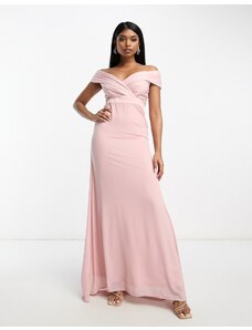 TFNC - Vestito lungo da damigella aderente color malva con scollo alla Bardot-Rosa