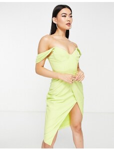 Lavish Alice - Vestito midi verde lime con dettaglio a pieghe e scollo alla Bardot