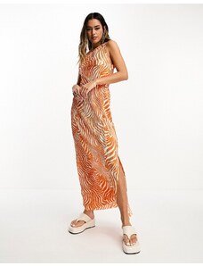 ASOS DESIGN - Vestito midi plissé con fascia elasticizzata sul retro arancione zebrato-Multicolore