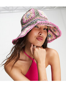 Reclaimed Vintage Inspired - Cappello da pescatore in paglia all'uncinetto colori pastello-Multicolore