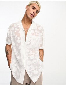 ASOS DESIGN - Camicia comoda in jacquard trasparente bianco a fiori con colletto a rever