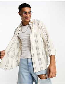 Pull&Bear - Camicia a maniche lunghe in misto lino color sabbia a righe-Neutro