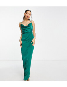 NaaNaa Petite - Vestito lungo per il ballo di fine anno in raso verde smeraldo con scollo ad anello